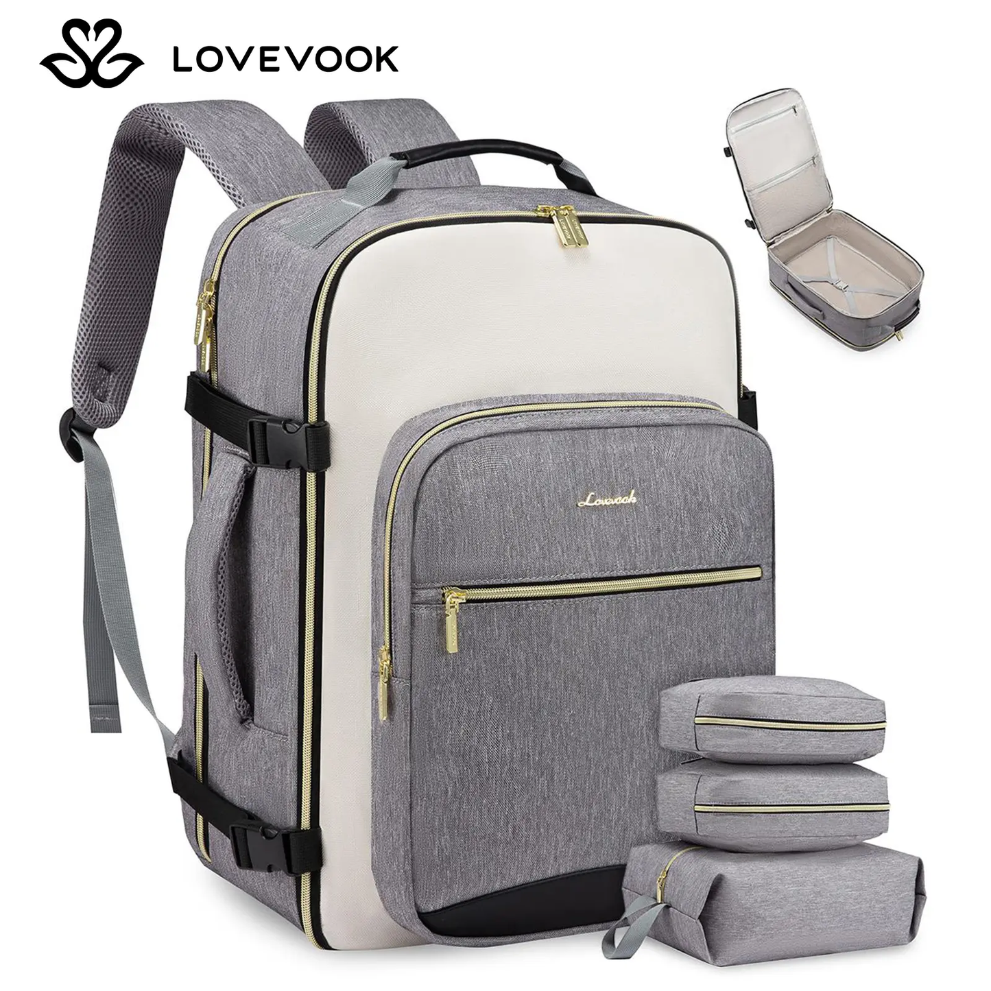 LOVEVOOK Colorblock Carry-On TravelBackpack with 3 Packing Cubes and LaptopCompartment - Personal ltem,TSA-Friendly,Travel Essentials, Airline Approved Travel Bagfor Hiking, Weekend, TikTokShopBackToSchool