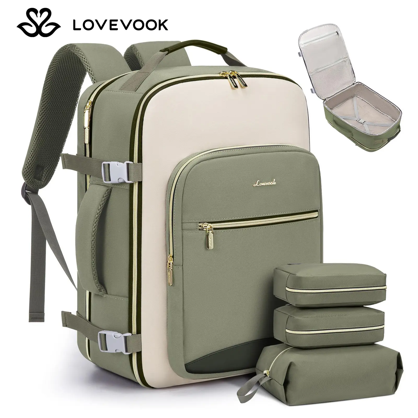 LOVEVOOK Colorblock Carry-On TravelBackpack with 3 Packing Cubes and LaptopCompartment - Personal ltem,TSA-Friendly,Travel Essentials, Airline Approved Travel Bagfor Hiking, Weekend, TikTokShopBackToSchool