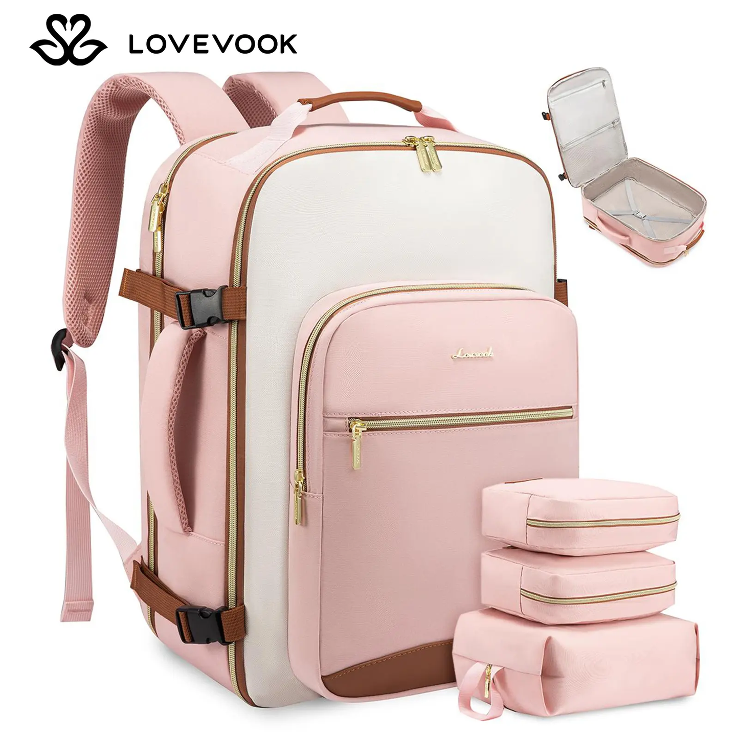 LOVEVOOK Colorblock Carry-On TravelBackpack with 3 Packing Cubes and LaptopCompartment - Personal ltem,TSA-Friendly,Travel Essentials, Airline Approved Travel Bagfor Hiking, Weekend, TikTokShopBackToSchool