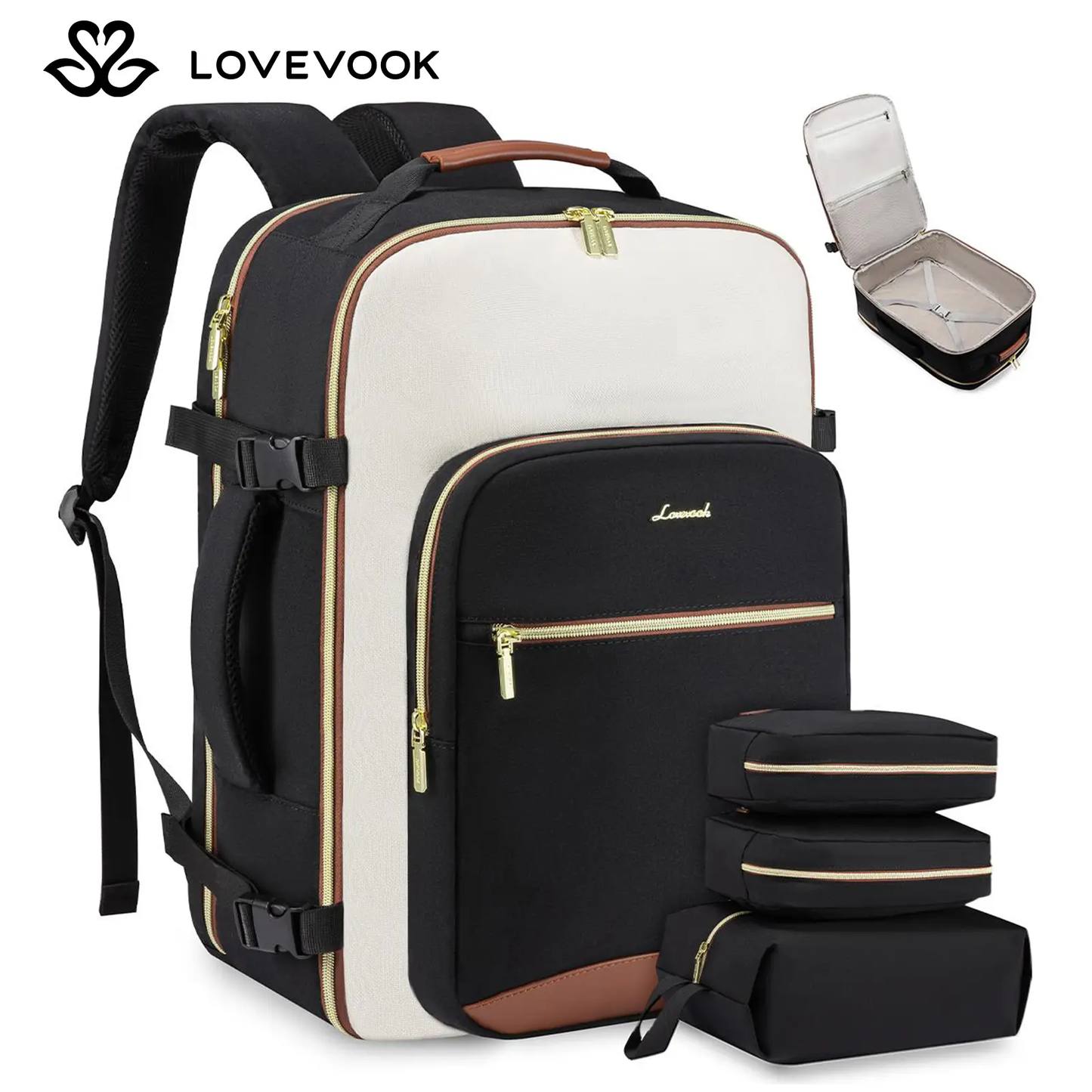 LOVEVOOK Colorblock Carry-On TravelBackpack with 3 Packing Cubes and LaptopCompartment - Personal ltem,TSA-Friendly,Travel Essentials, Airline Approved Travel Bagfor Hiking, Weekend, TikTokShopBackToSchool